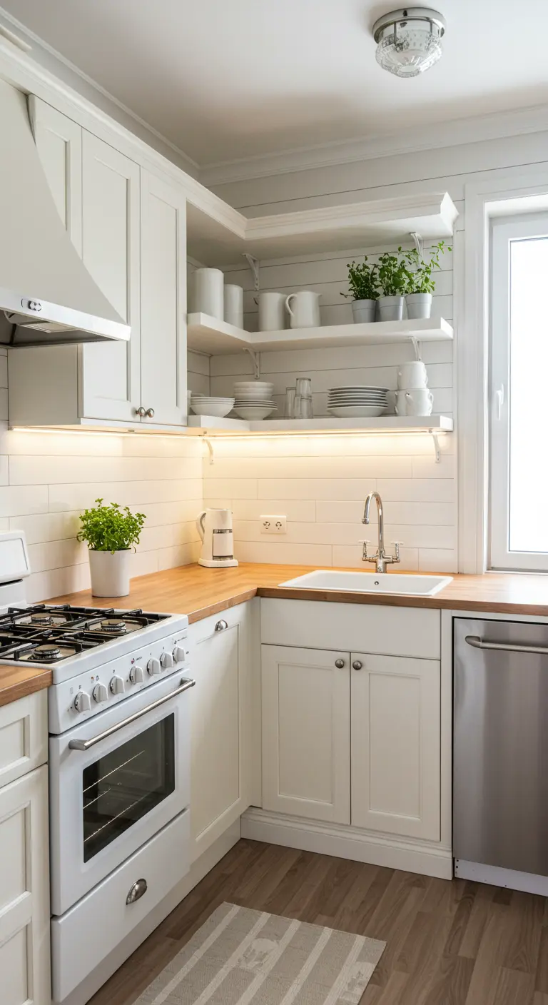Cocina farmhouse pequeña y luminosa en blanco con encimera de madera y buena iluminación