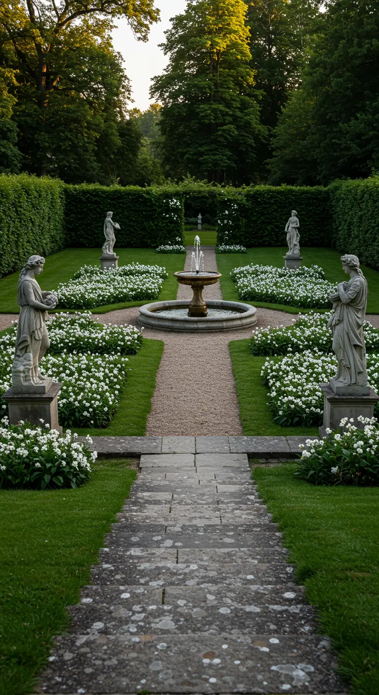 Jardín simétrico con parterres de flores blancas, estatuas clásicas y una fuente central.