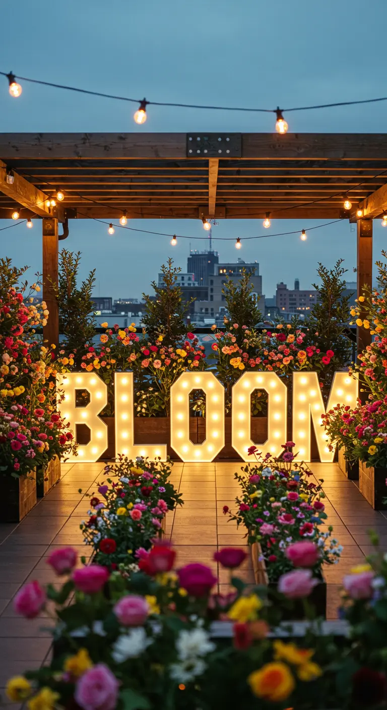 Letras luminosas con la palabra BLOOM en una azotea rodeada de flores de colores vivos.