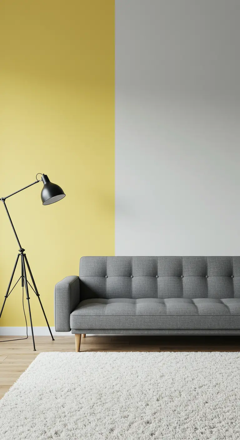 Sala moderna con pared dividida en amarillo pastel y gris, con un sofá gris delante.