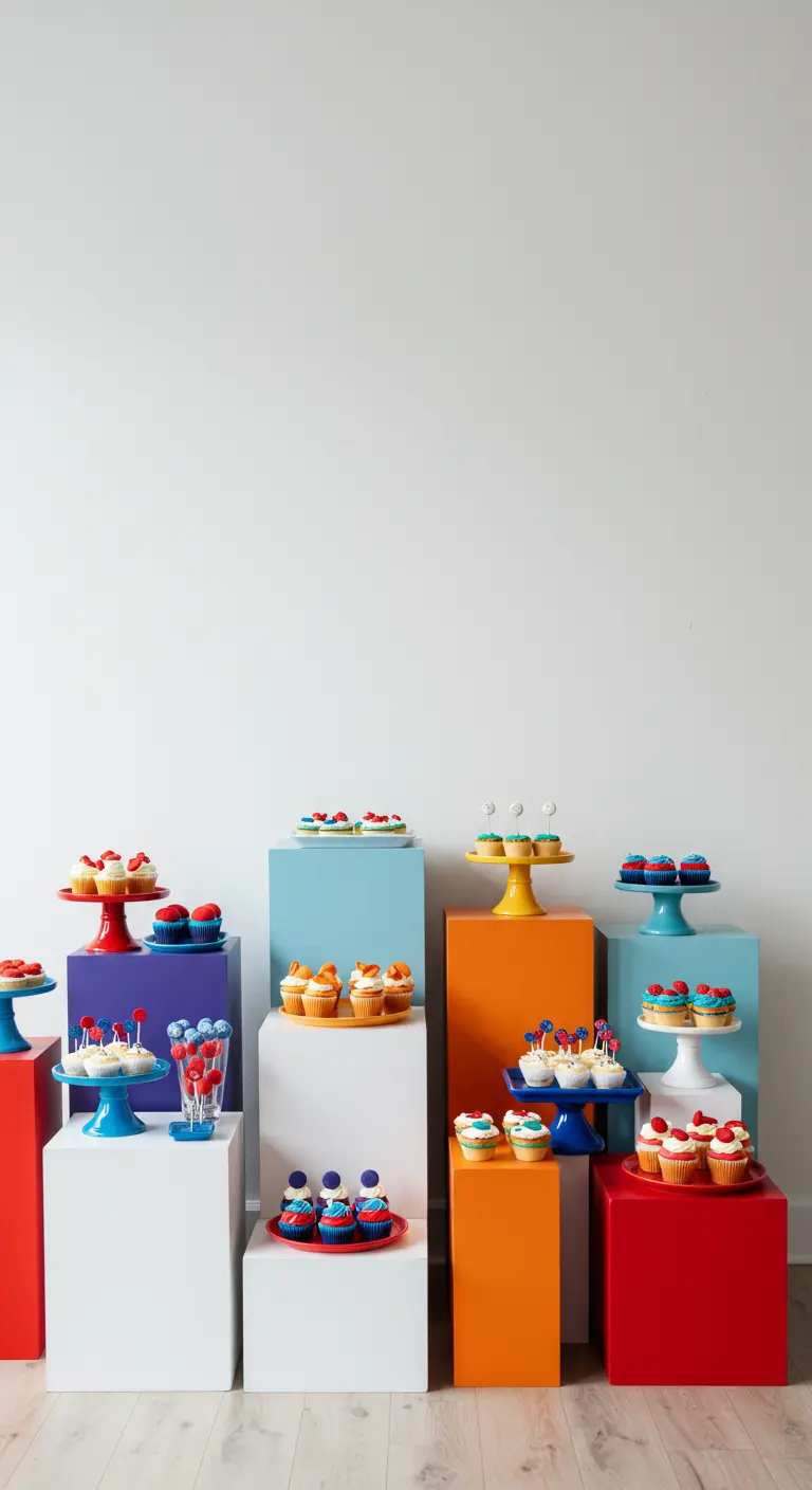 Postres exhibidos en pedestales cúbicos de distintos colores del arcoíris.