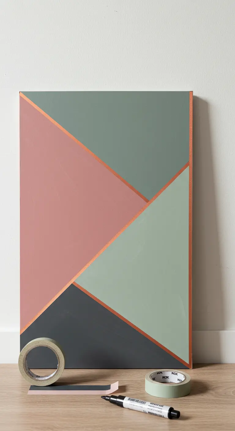Cuadro con bloques de color en tonos pastel y gris, separados por finas líneas de cobre.