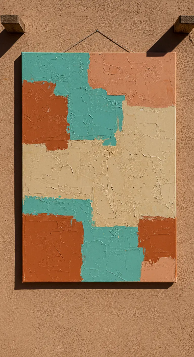 Cuadro con bloques de color texturizados en tonos terracota, turquesa y beige