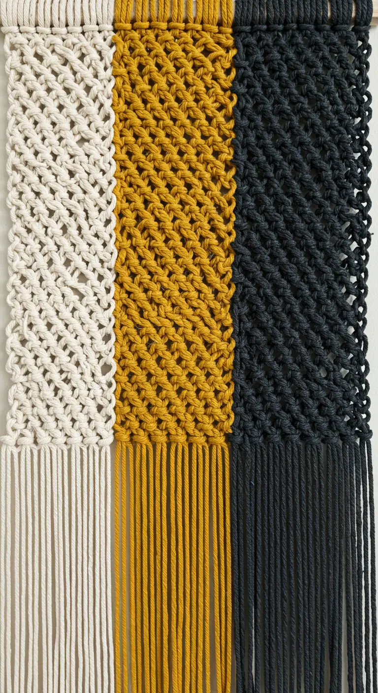 Detalle de un tapiz de macramé con tres bloques de color: blanco, mostaza y negro.