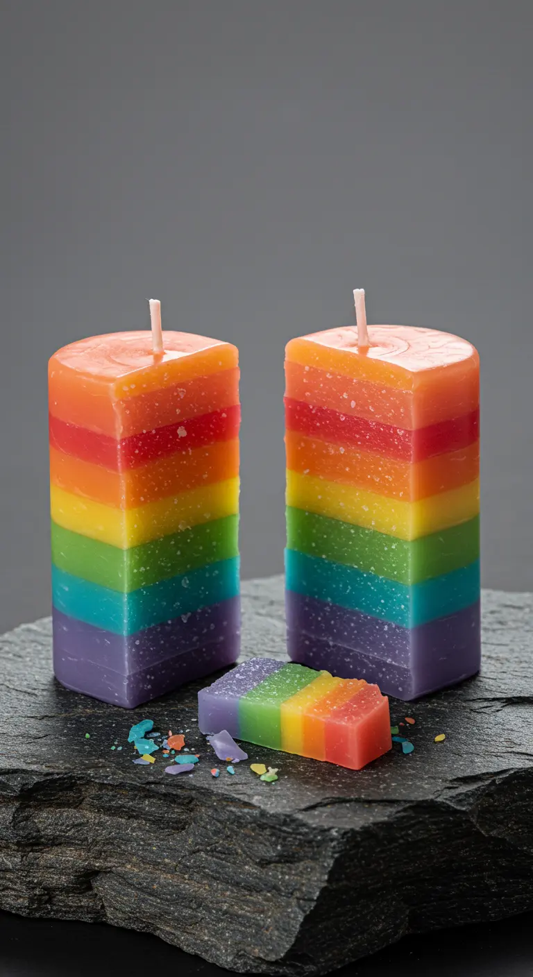 Dos velas cuadradas con capas de colores del arcoíris y una textura ligeramente granulada.