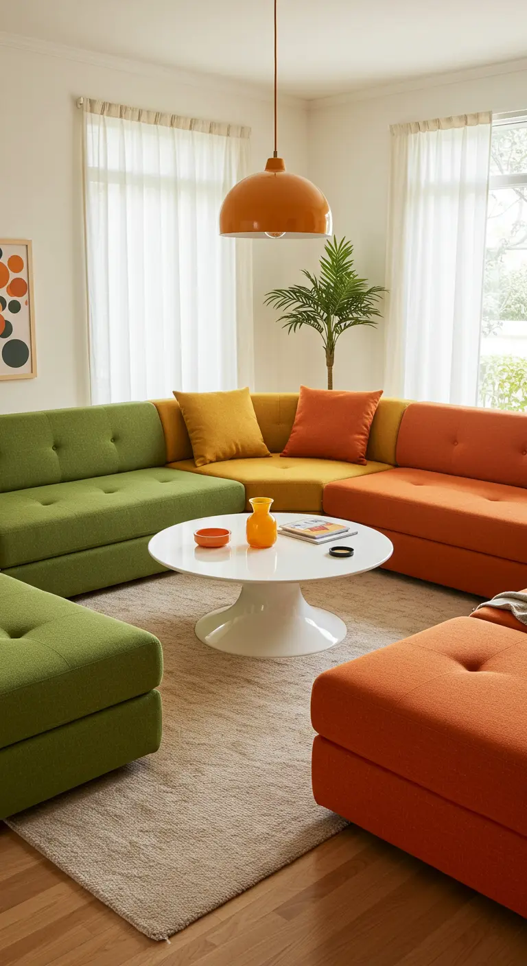 Sofá modular con secciones en diferentes colores: verde, naranja y amarillo.
