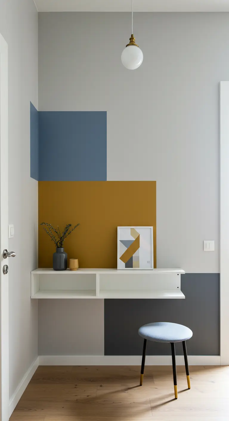 Rincón de trabajo en recibidor con pared decorada con bloques geométricos de color.
