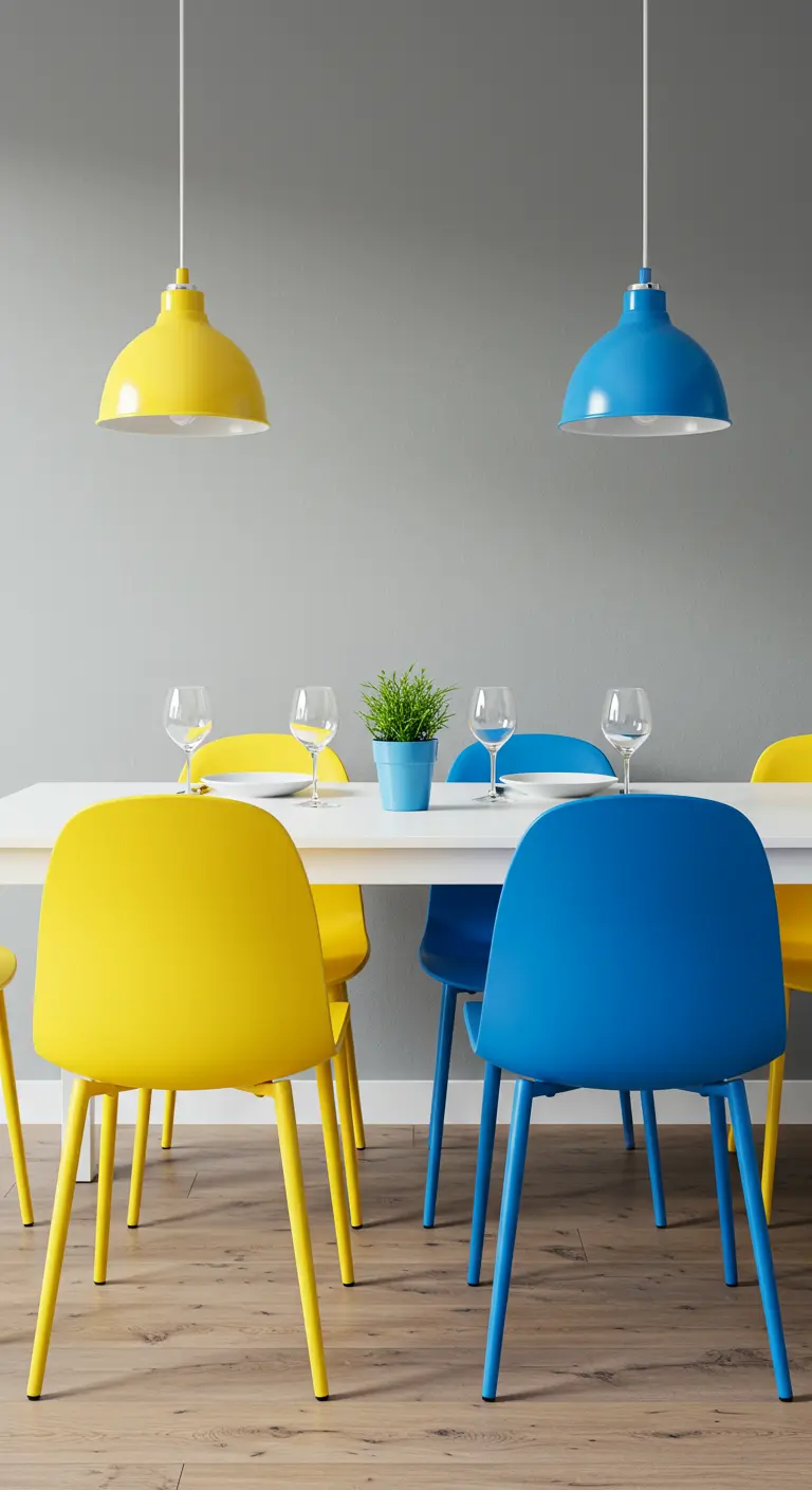 Comedor moderno con sillas amarillas a un lado de la mesa y sillas azules al otro.