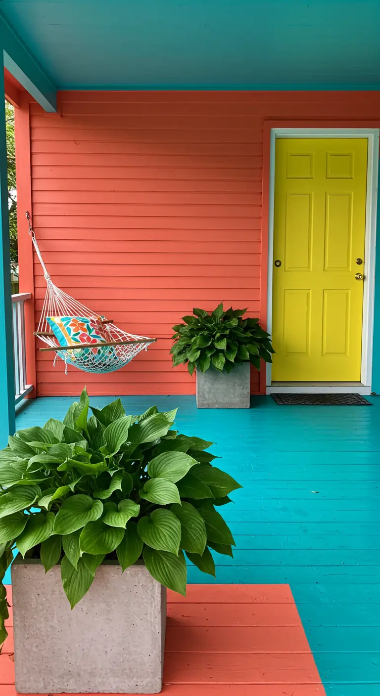 Porche pintado con bloques de color: pared coral, suelo turquesa y puerta amarilla.