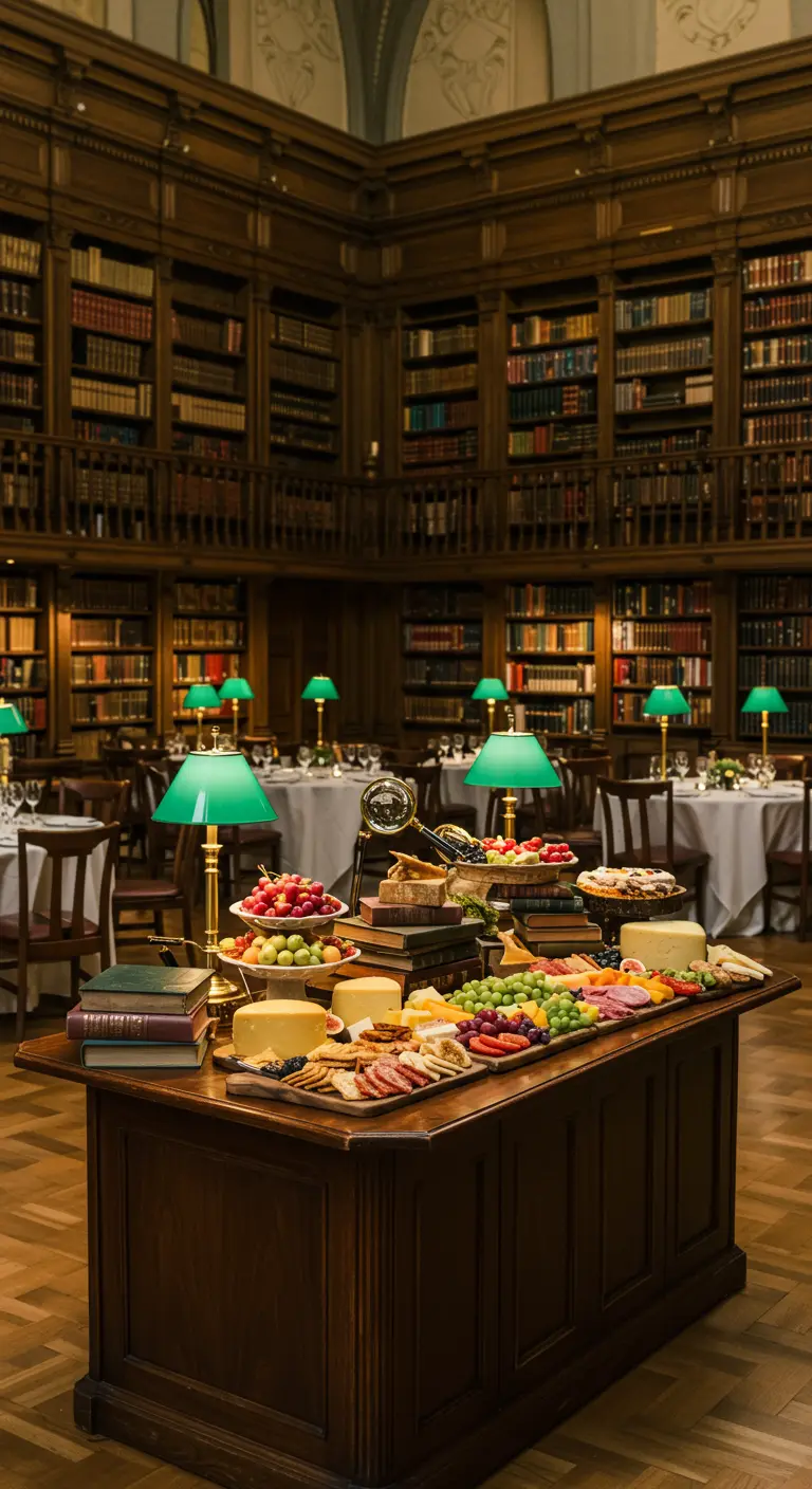 Mesa de quesos en una biblioteca, con libros y lámparas verdes de banquero.