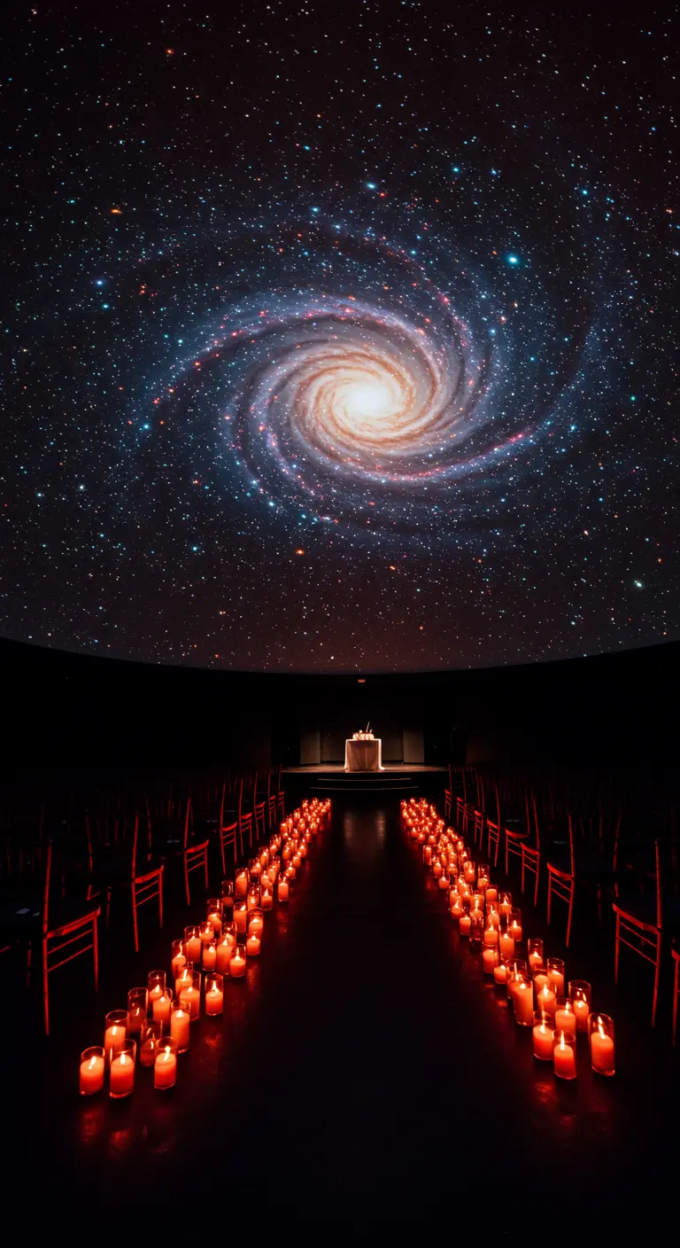 Ceremonia en un planetario con una galaxia proyectada, y un pasillo de velas rojas.