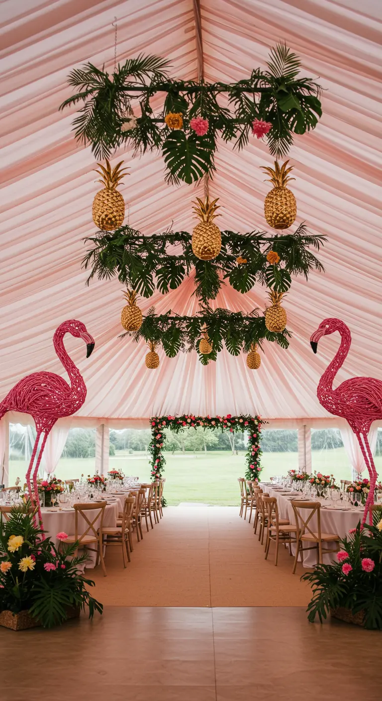 Interior de una carpa de eventos con piñas doradas colgando del techo y dos grandes flamencos rosas.