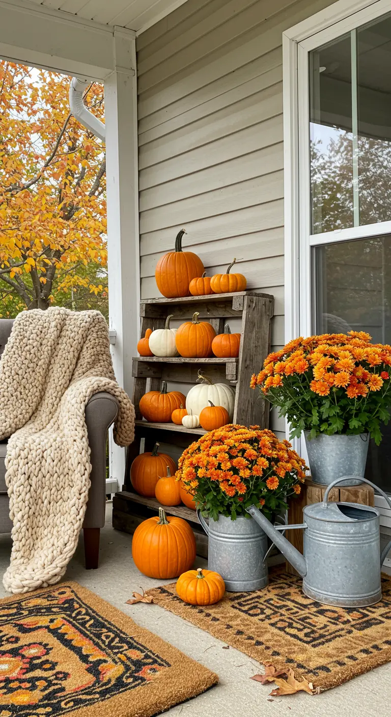 Escalera de madera decorada con calabazas y crisantemos naranjas para una ambientación otoñal en el porche.