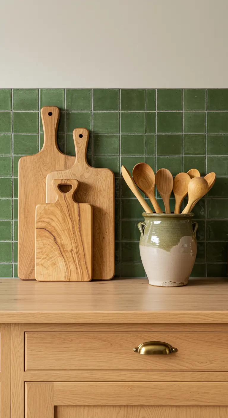 Tablas de cortar de madera y un jarrón de cerámica con cucharas de madera sobre una encimera
