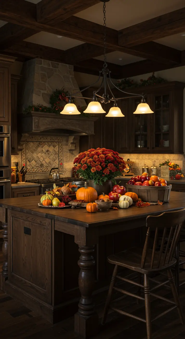 Cocina rústica con isla de madera decorada con flores, calabazas y manzanas.