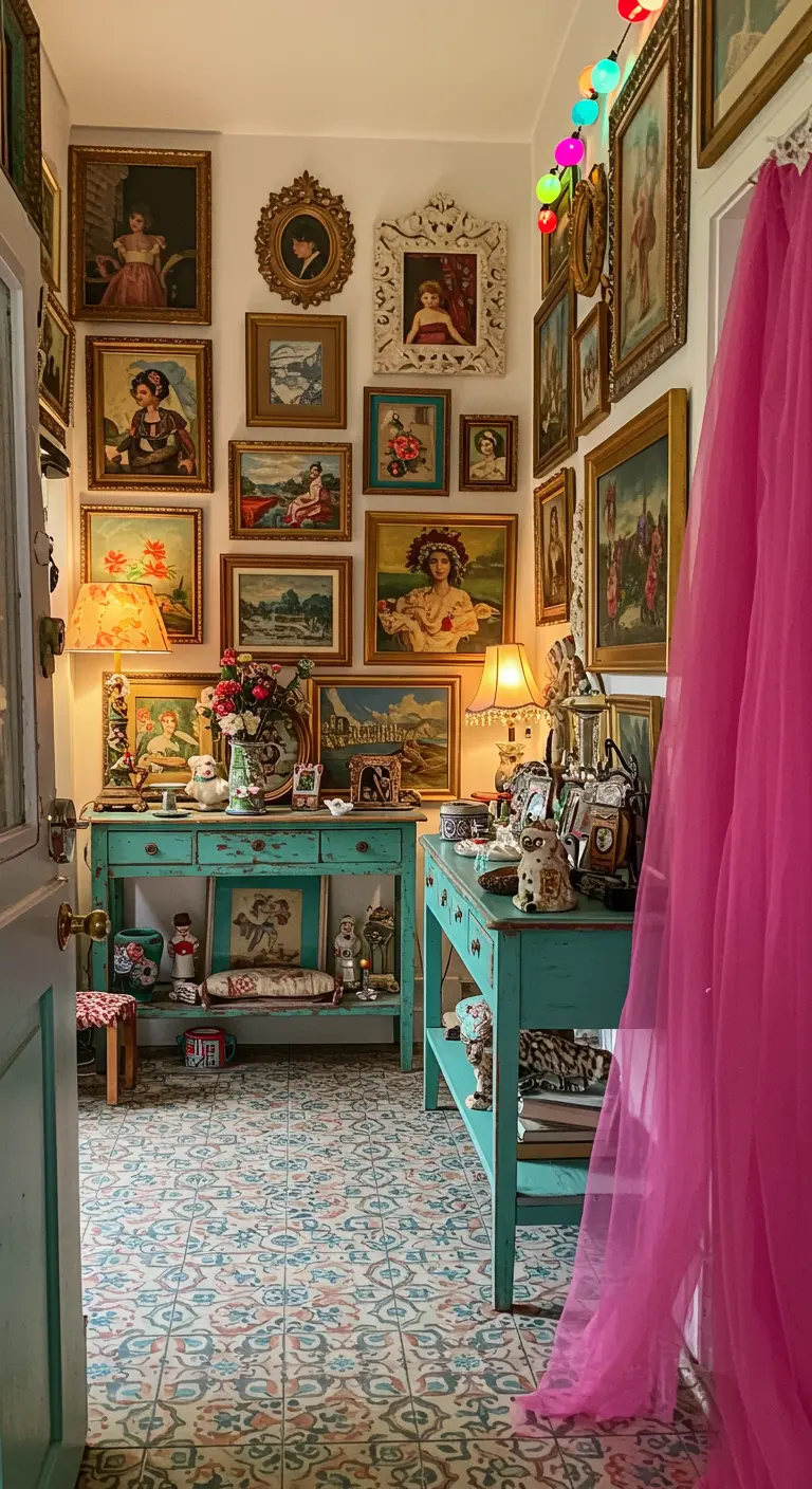 Entrada maximalista y bohemia con muebles turquesa, una pared llena de cuadros y cortina fucsia.