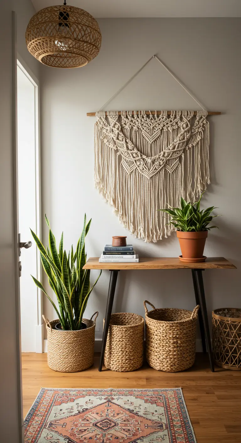 Rincón de entrada bohemio con tapiz de macramé, consola de madera y plantas en cestas de mimbre.