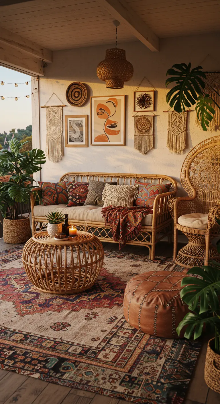 Balcón bohemio con sofá de ratán, silla pavo real, alfombra étnica y tapices de macramé.