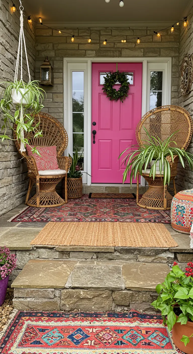 Entrada de estilo bohemio con sillas pavo real, alfombras superpuestas y puerta fucsia