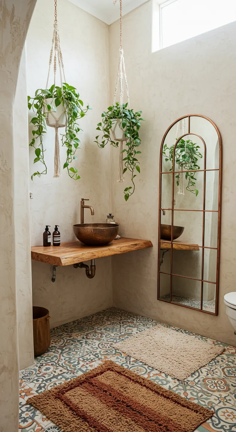 Baño bohemio con lavabo de cobre, encimera de madera y plantas colgantes.
