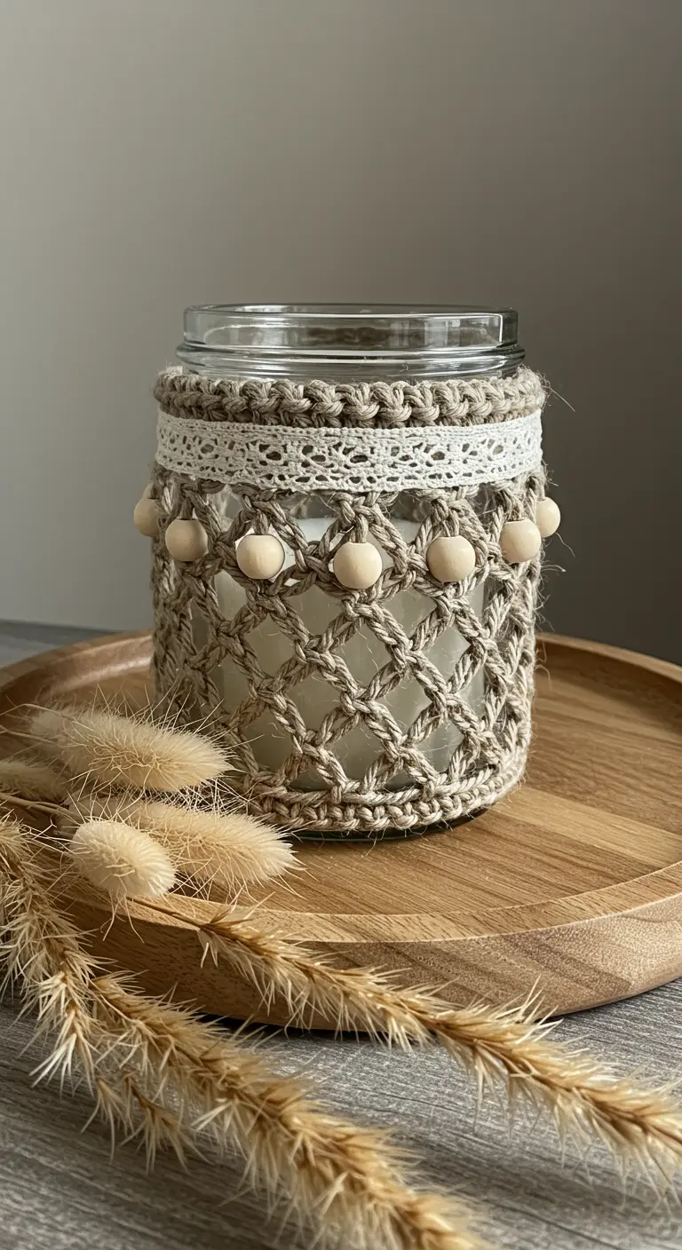 Vela en frasco de vidrio cubierta con una funda de macramé de yute y cuentas de madera.