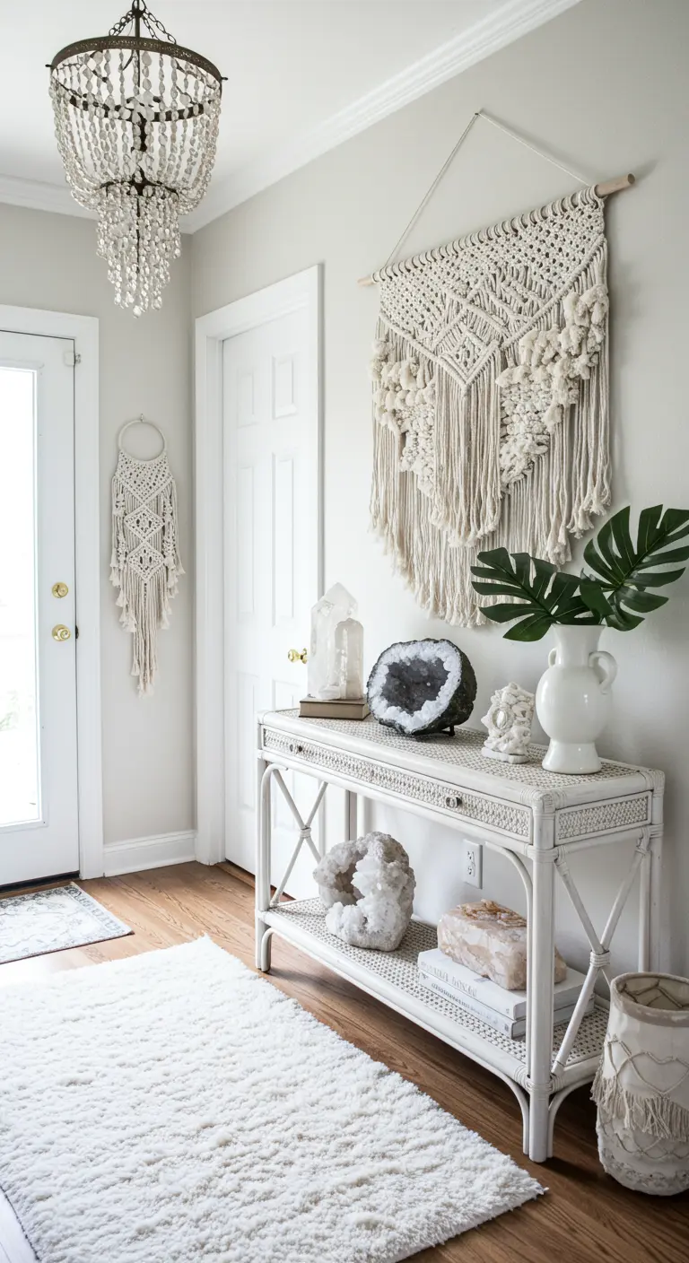 Recibidor boho chic con consola de mimbre, tapiz de macramé y geodas de cuarzo como decoración