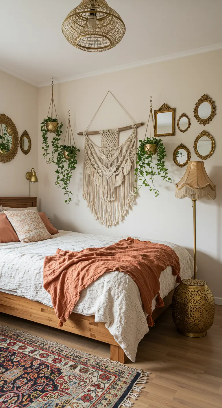 Dormitorio bohemio con tapiz de macramé y una colección de pequeños espejos dorados en la pared.