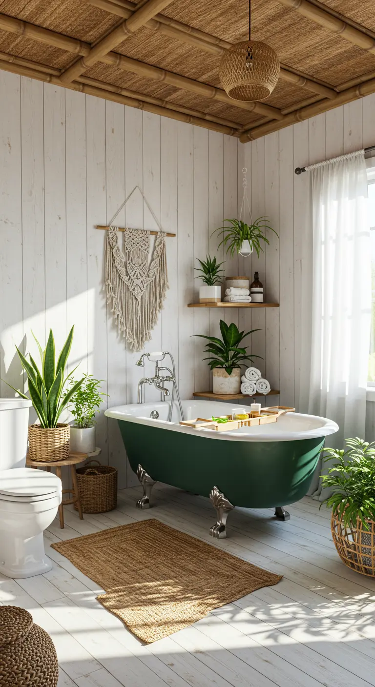 Baño de estilo bohemio con bañera verde, plantas y un tapiz de macramé