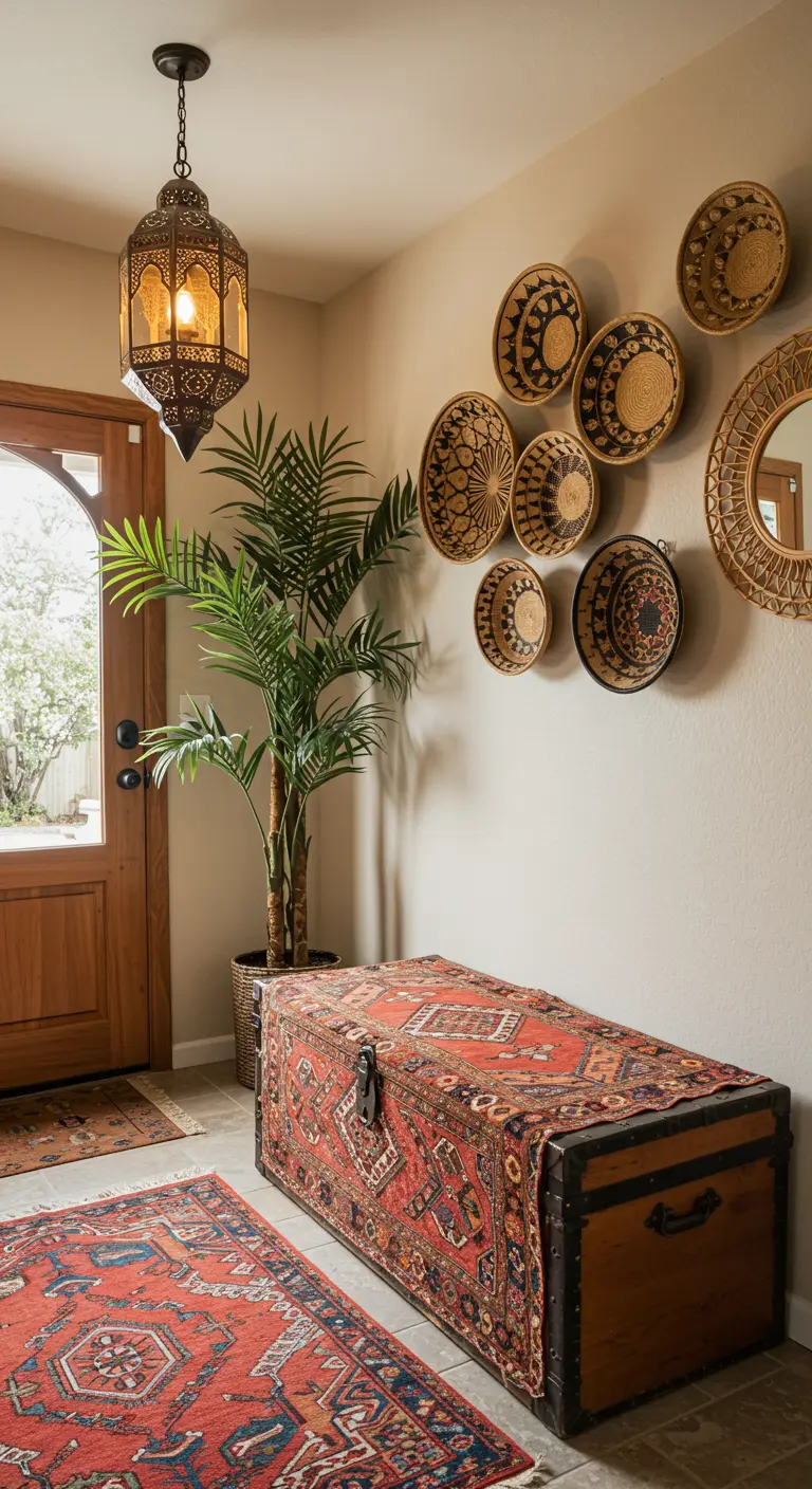 Baúl de madera en una entrada bohemia, cubierto con una alfombra kilim de colores vivos.