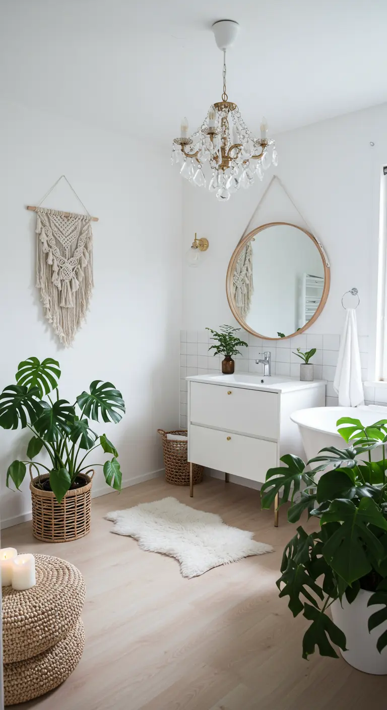 Baño bohemio blanco con candelabro de cristal, macramé y plantas.