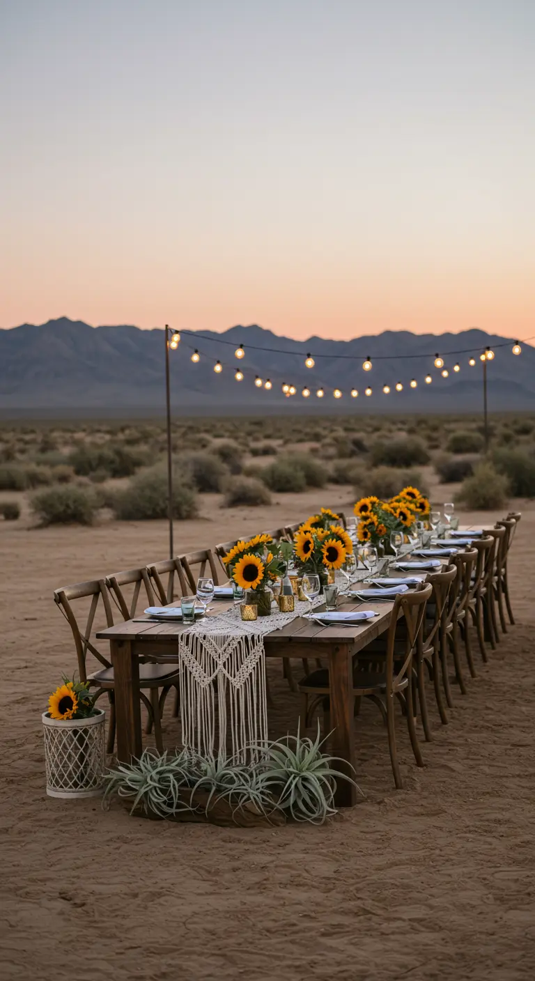 Mesa en el desierto con camino de macramé, girasoles y plantas de aire.