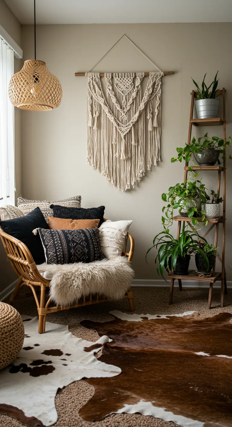 Rincón bohemio con silla de ratán, tapiz de macramé, plantas y alfombra de piel de vaca.