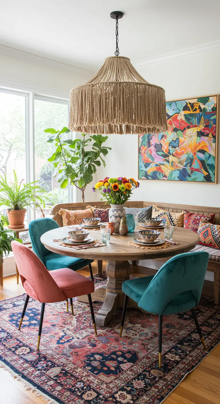 Comedor bohemio con lámpara de macramé con flecos y sillas de terciopelo de colores.