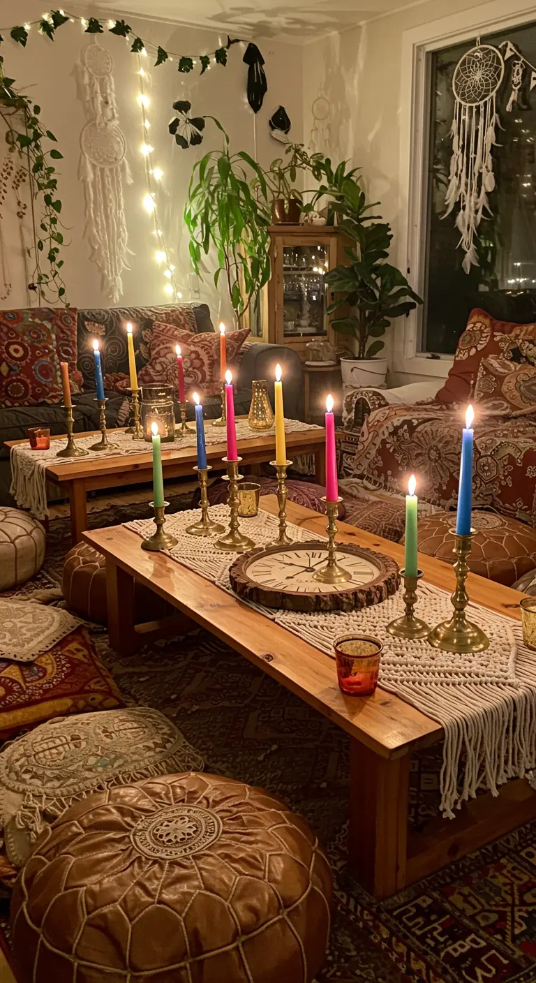 Ambiente bohemio con mesas bajas, cojines en el suelo y velas de colores.