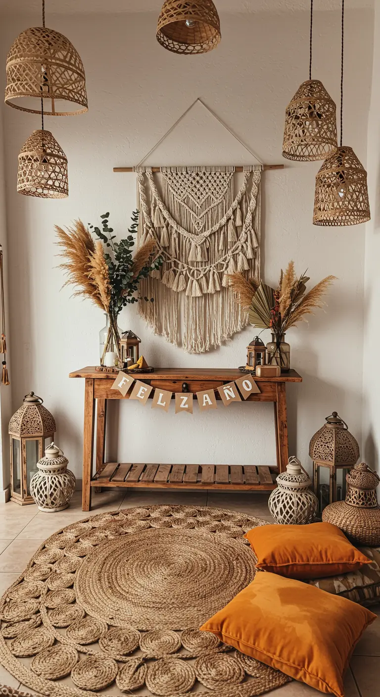 Rincón de entrada bohemio con macramé, pampas, y banderín de 'Feliz Año'.