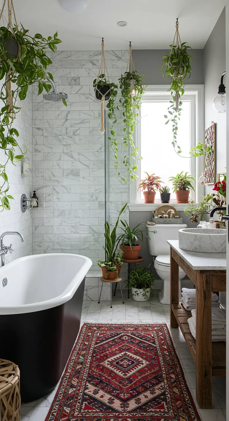 Baño de estilo boho con paredes de mármol, bañera oscura, muchas plantas colgantes y una alfombra persa