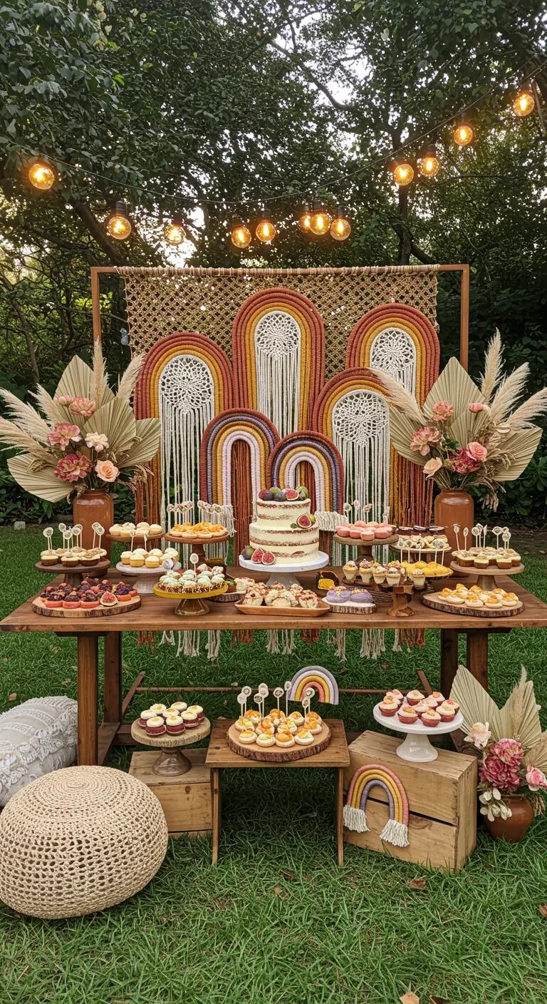 Mesa de postres boho con arcoíris de macramé y flores secas.