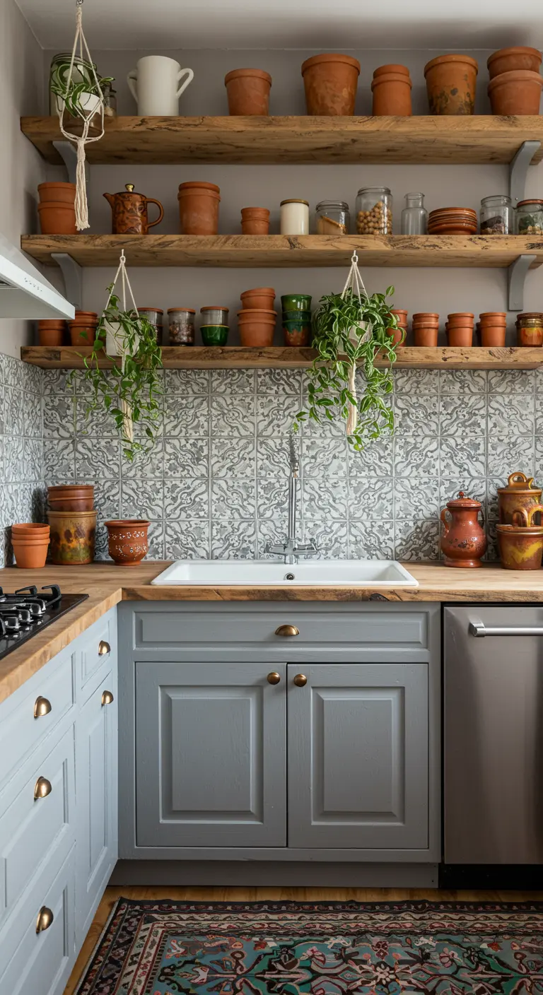 Cocina ecléctica con armarios grises, baldosas estampadas y estantes de madera rústica con plantas.