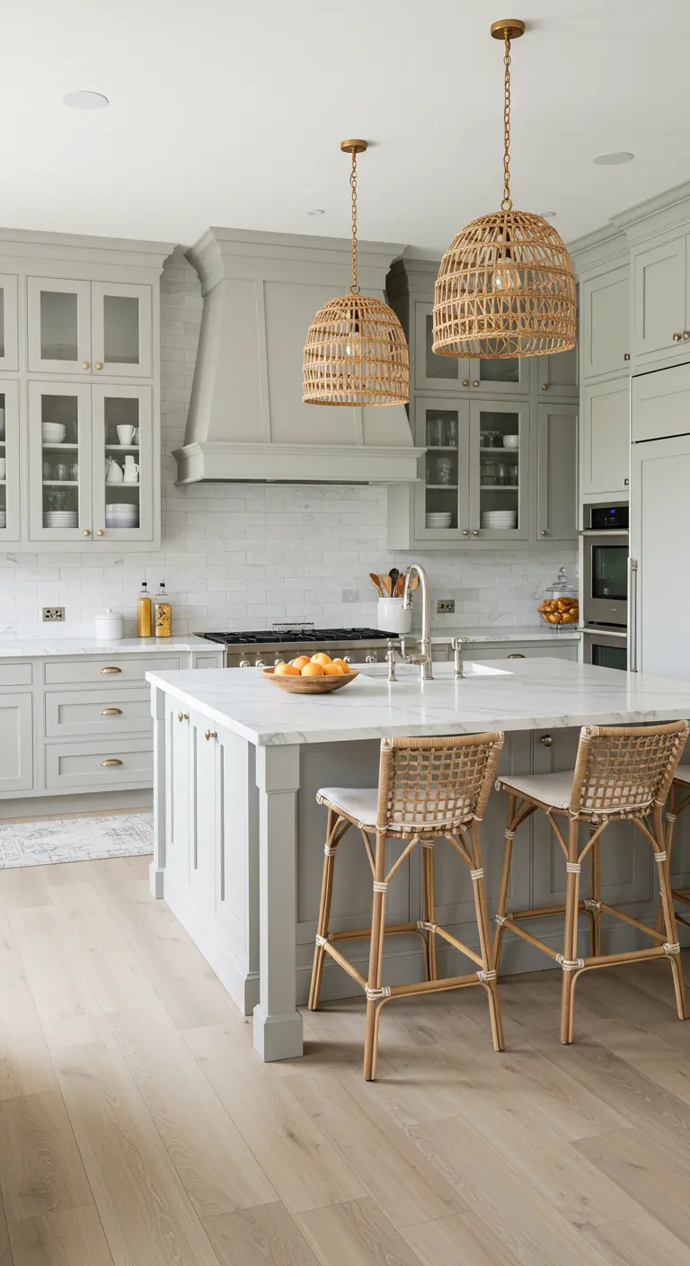 Cocina luminosa con armarios grises, encimera de mármol y lámparas y taburetes de ratán.