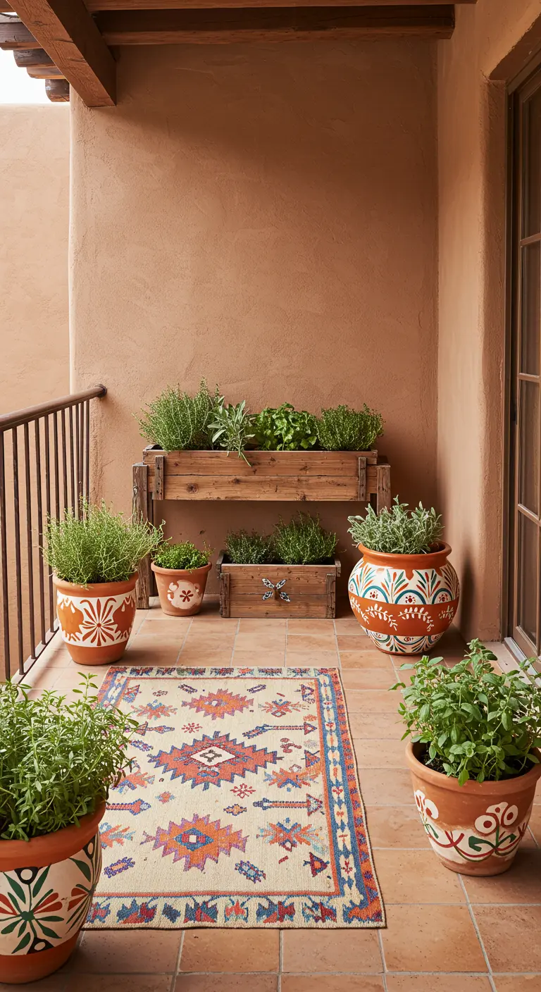 Balcón de estilo suroeste con macetas de terracota pintadas, alfombra étnica y jardineras de madera.