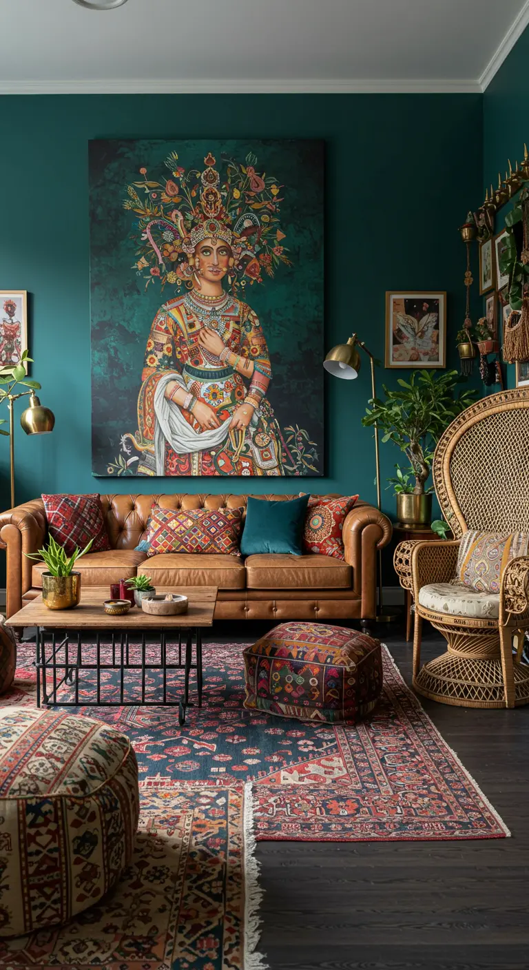 Sala bohemia con un gran cuadro de una figura femenina adornada, sofá de cuero y textiles coloridos.