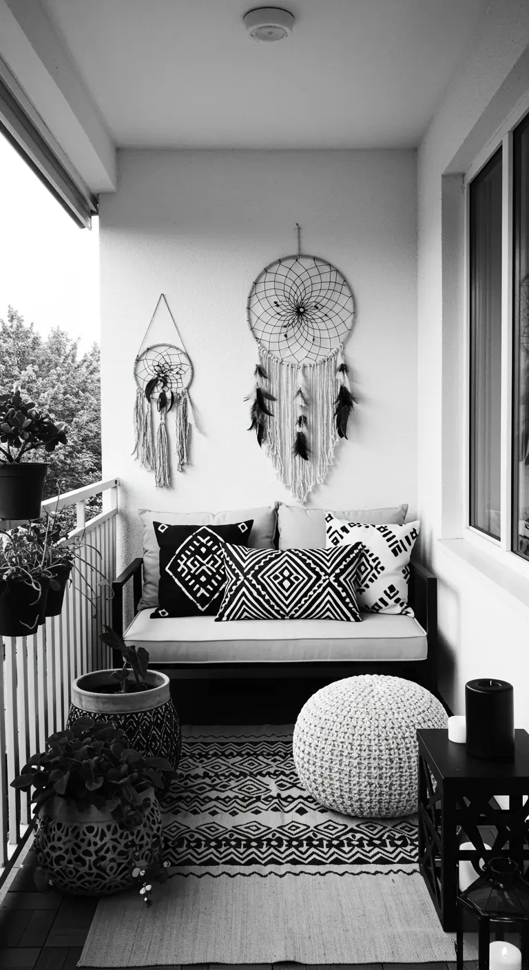 Balcón bohemio en blanco y negro con sofá, cojines geométricos, puf de punto y dos atrapasueños.