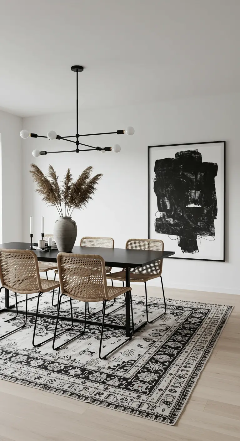 Comedor moderno en blanco y negro con sillas de ratán y un gran cuadro de arte abstracto