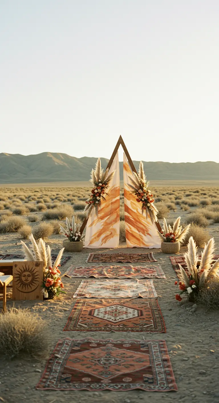 Altar de boda triangular en el desierto, decorado con telas pintadas y alfombras en el suelo.