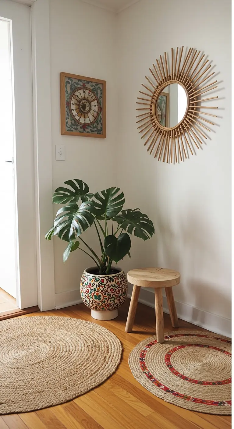 Rincón de entrada boho con dos alfombras de yute redondas, espejo sol y una planta Monstera.