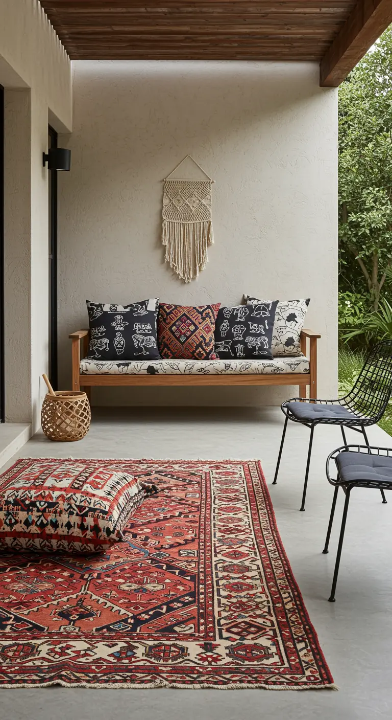 Porche minimalista con banco de madera, cojines en blanco y negro, alfombra persa y tapiz de macramé.