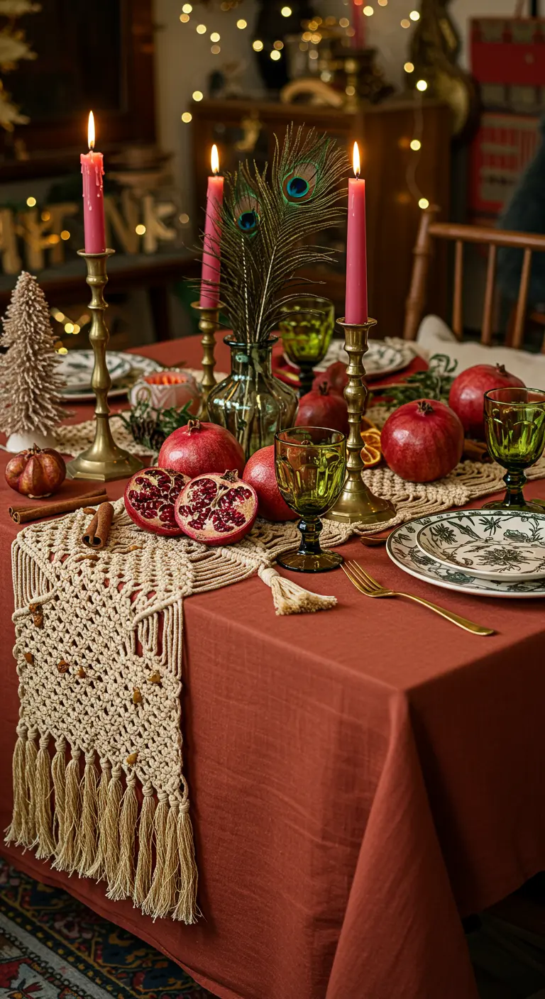 Mesa bohemia con mantel rojo terroso, camino de macramé y granadas frescas.
