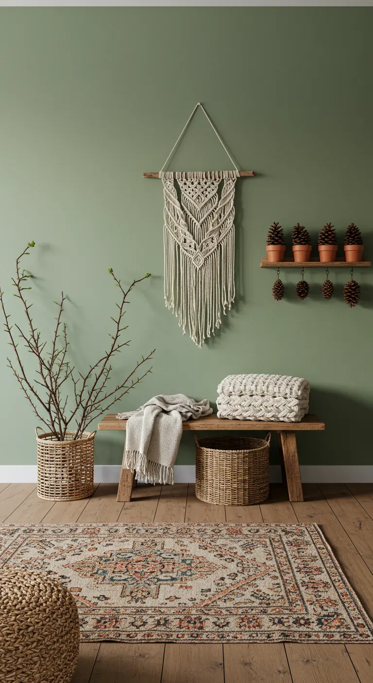 Entrada bohemia con pared verde salvia, banco de madera y macramé.