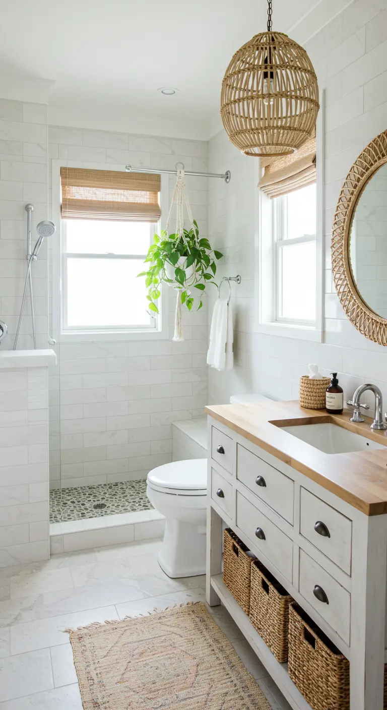 Baño de estilo boho con azulejos blancos, mueble de madera vintage y lámpara de ratán