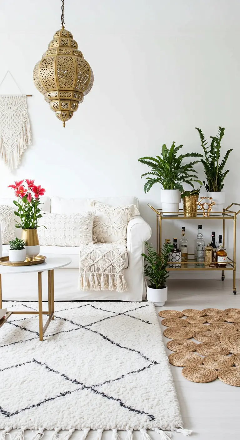 Salón de estilo boho con sofá blanco, carrito de bar dorado, plantas y una lámpara marroquí colgante